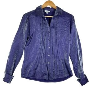 Coldwater Creek XS PURPLE Button Down SHIMMER Pintuck Long‎ Sleeve Blouse Top
